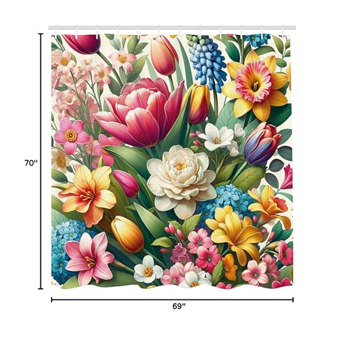 Ambesonne Spring Shower Curtain, Color Jumble Illustration Of Garden Flowers With Leaves Dreamy Aura, Cloth Fabric Bathroom Deco